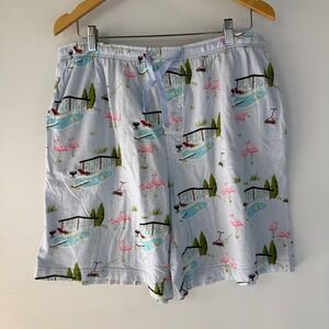 Nick & Nora Pajama Flannel Shorts Men L Blue Flamingo Pool Mid Century Modern